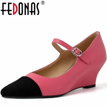 FEDONAS/ винтажные женские туфли-лодочки на танкетке и каблуке, разноцветные женские туфли из натуральной кожи с острым носком и ремешком с пряжкой, офисные женские туфли