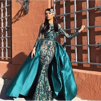 Арабские вечерние платья Русалки с блестками и съемной юбкой, длинные рукава, Зеленые вечерние платья для женщин, мусульманское платье для выпускного вечера