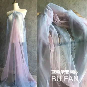 Голубая и розовая Градиентная Мягкая Прозрачная сетчатая ткань Ручной работы, свадебное креативное платье 