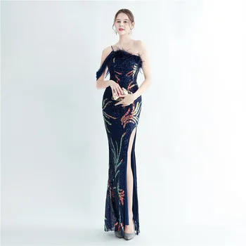 Новое вечернее платье DongCMY из страусиной шерсти, расшитое бисером, темно-синее, с блестками, элегантное вечернее платье для женщин 2023 31212
