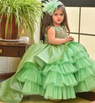 Платье для девочки в цветочек, Зеленый Пышный многослойный тюль, Кружевная аппликация, Свадебное Элегантное платье в цветочек для первого Евхаристического дня рождения ребенка