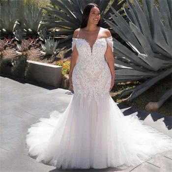 Свадебное платье-русалка большого размера с открытыми плечами, кружевное свадебное платье с открытой спиной, vestidos от robe de mariée