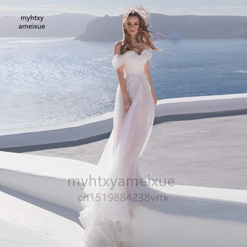 Сексуальное пляжное свадебное платье из тюля 2023 с открытыми плечами, кружевные аппликации, шлейф, Свадебное платье в стиле Бохо с открытой спиной, Vestidos De Novia